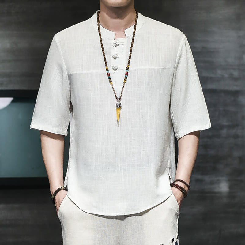 Casual Vintage Chinese Frog-Button Men's Half Sleeve Cotton Linen T-Shirt