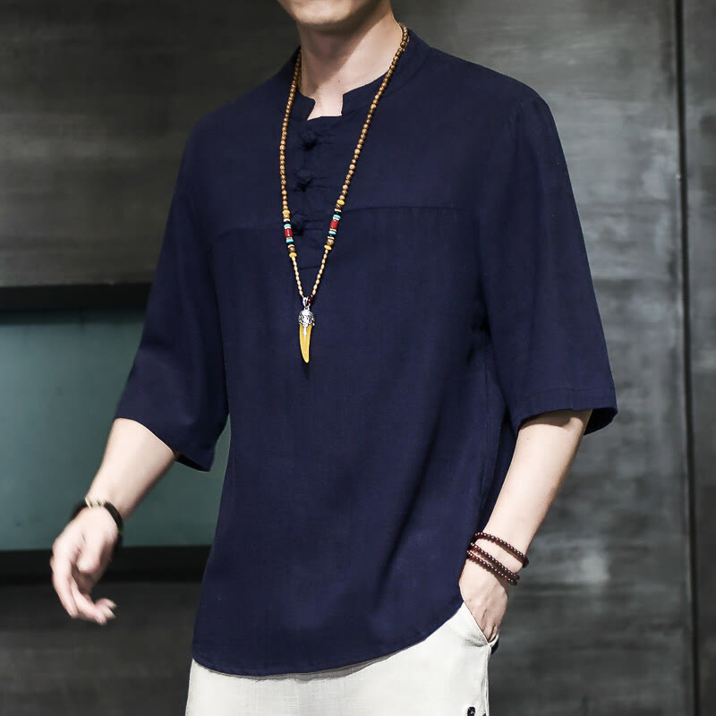 Casual Vintage Chinese Frog-Button Men's Half Sleeve Cotton Linen T-Shirt