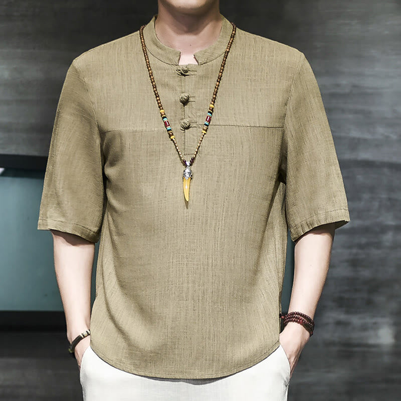 Casual Vintage Chinese Frog-Button Men's Half Sleeve Cotton Linen T-Shirt