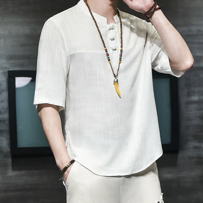 Casual Vintage Chinese Frog-Button Men's Half Sleeve Cotton Linen T-Shirt