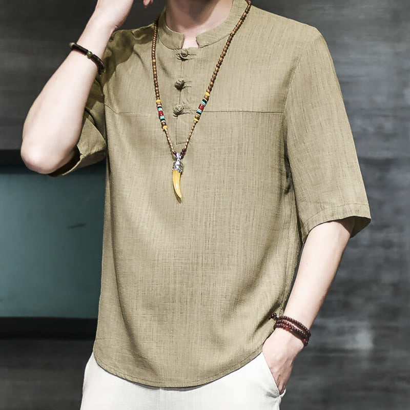 Casual Vintage Chinese Frog-Button Men's Half Sleeve Cotton Linen T-Shirt