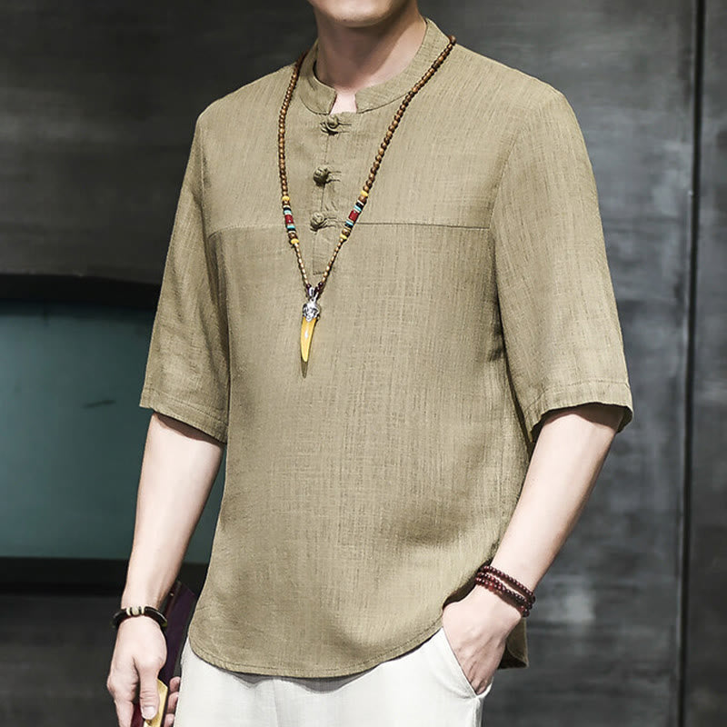 Casual Vintage Chinese Frog-Button Men's Half Sleeve Cotton Linen T-Shirt
