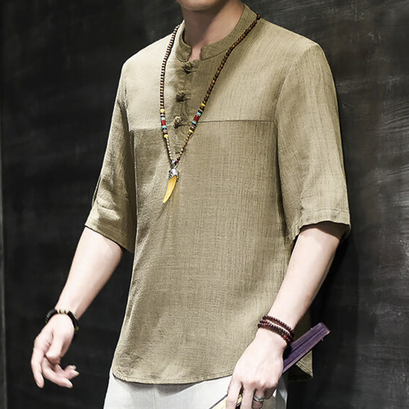 Casual Vintage Chinese Frog-Button Men's Half Sleeve Cotton Linen T-Shirt