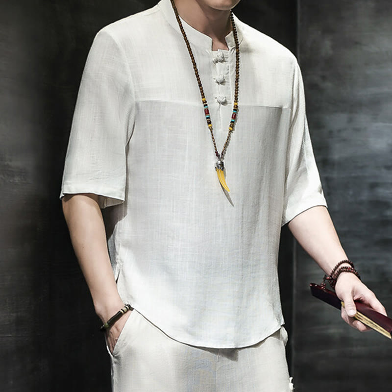 Casual Vintage Chinese Frog-Button Men's Half Sleeve Cotton Linen T-Shirt