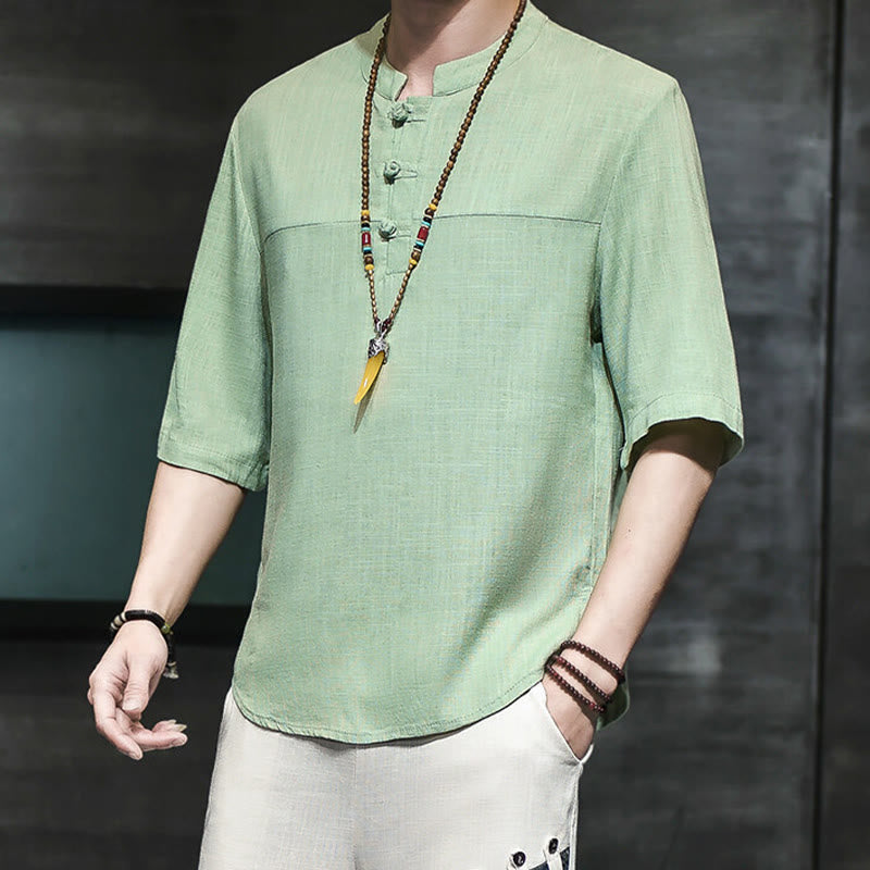 Casual Vintage Chinese Frog-Button Men's Half Sleeve Cotton Linen T-Shirt