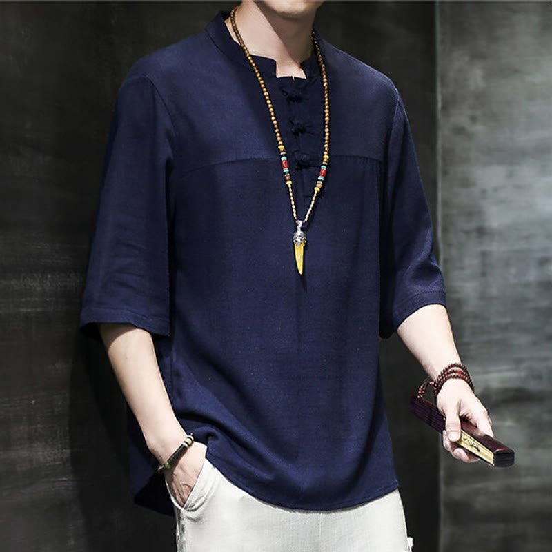 Casual Vintage Chinese Frog-Button Men's Half Sleeve Cotton Linen T-Shirt