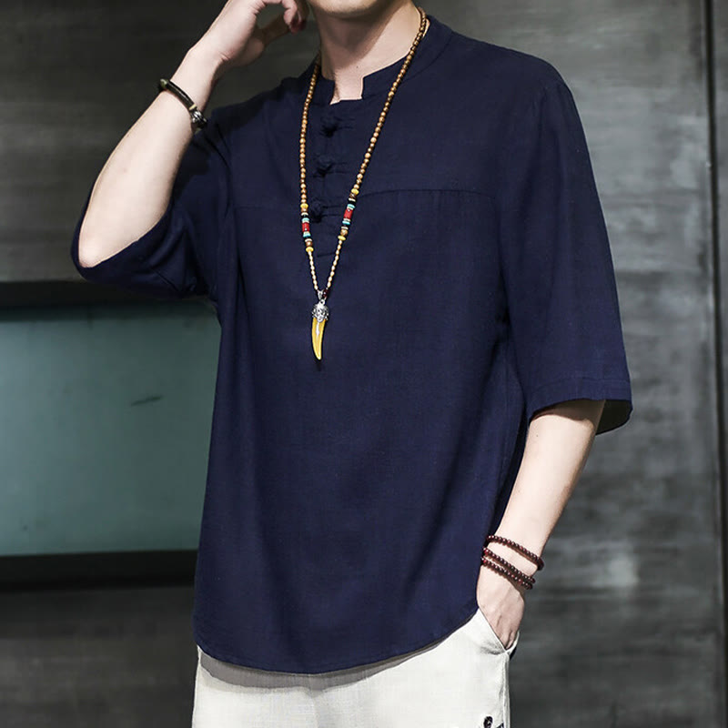 Casual Vintage Chinese Frog-Button Men's Half Sleeve Cotton Linen T-Shirt