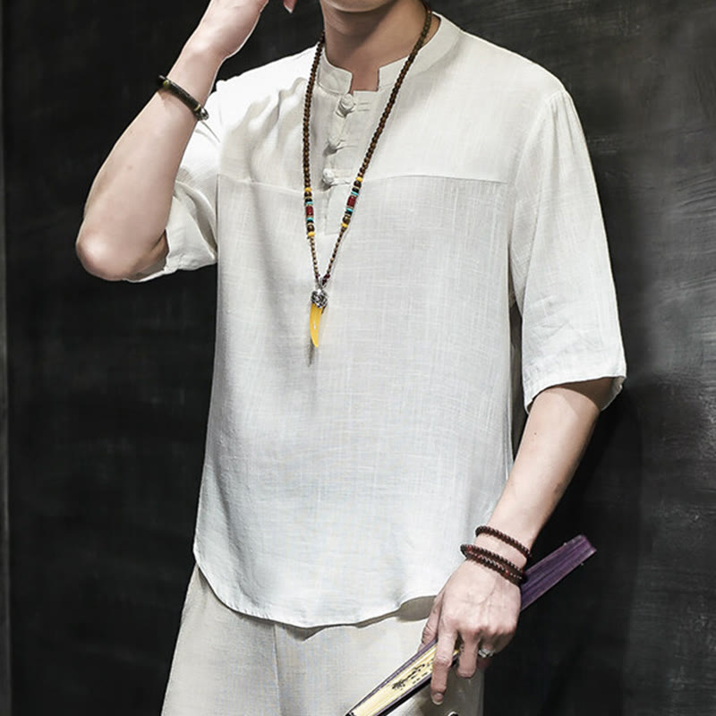 Casual Vintage Chinese Frog-Button Men's Half Sleeve Cotton Linen T-Shirt