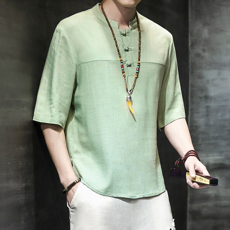 Casual Vintage Chinese Frog-Button Men's Half Sleeve Cotton Linen T-Shirt