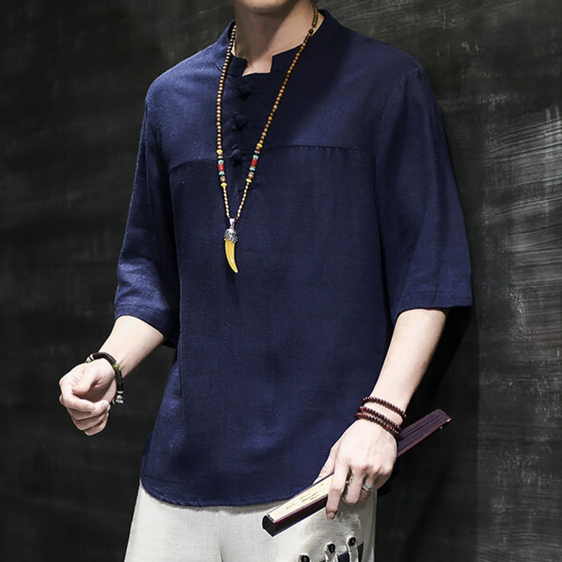 Casual Vintage Chinese Frog-Button Men's Half Sleeve Cotton Linen T-Shirt