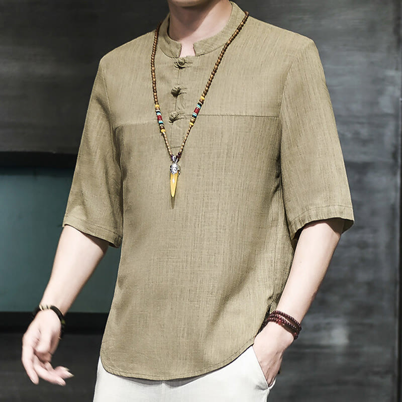 Casual Vintage Chinese Frog-Button Men's Half Sleeve Cotton Linen T-Shirt