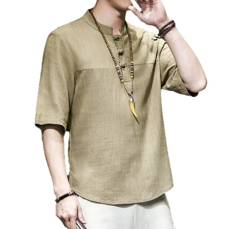 Casual Vintage Chinese Frog-Button Men's Half Sleeve Cotton Linen T-Shirt