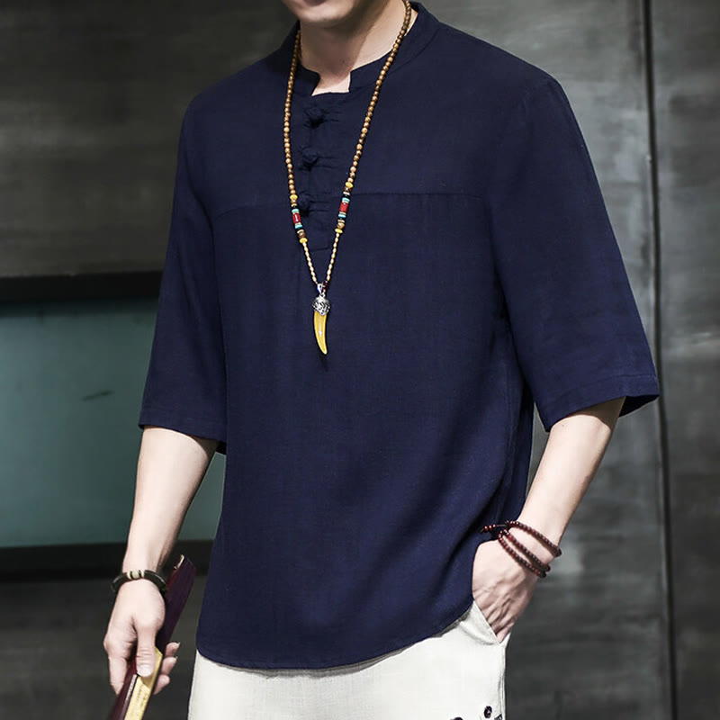 Casual Vintage Chinese Frog-Button Men's Half Sleeve Cotton Linen T-Shirt