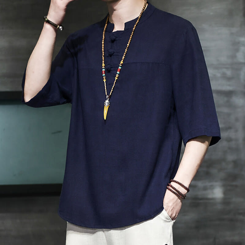 Casual Vintage Chinese Frog-Button Men's Half Sleeve Cotton Linen T-Shirt