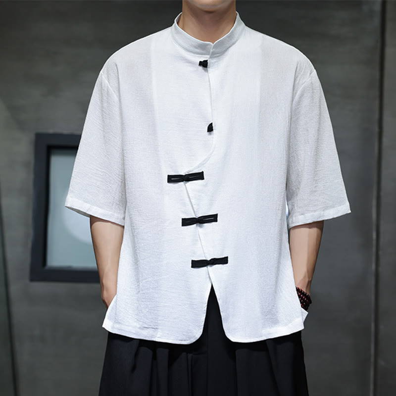 Plain Chinese Frog-Button Stand Collar Cotton Linen Men's Half Sleeve Shirt