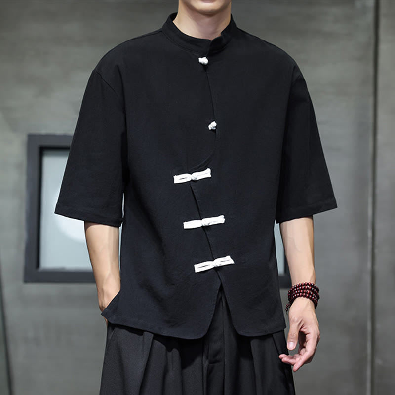 Plain Chinese Frog-Button Stand Collar Cotton Linen Men's Half Sleeve Shirt