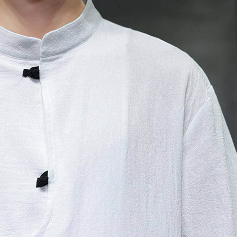 Plain Chinese Frog-Button Stand Collar Cotton Linen Men's Half Sleeve Shirt