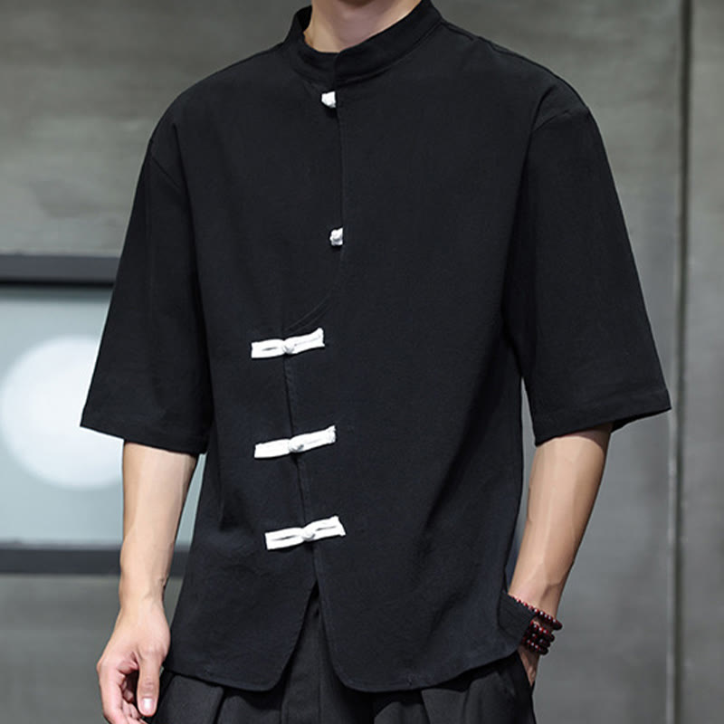 Plain Chinese Frog-Button Stand Collar Cotton Linen Men's Half Sleeve Shirt