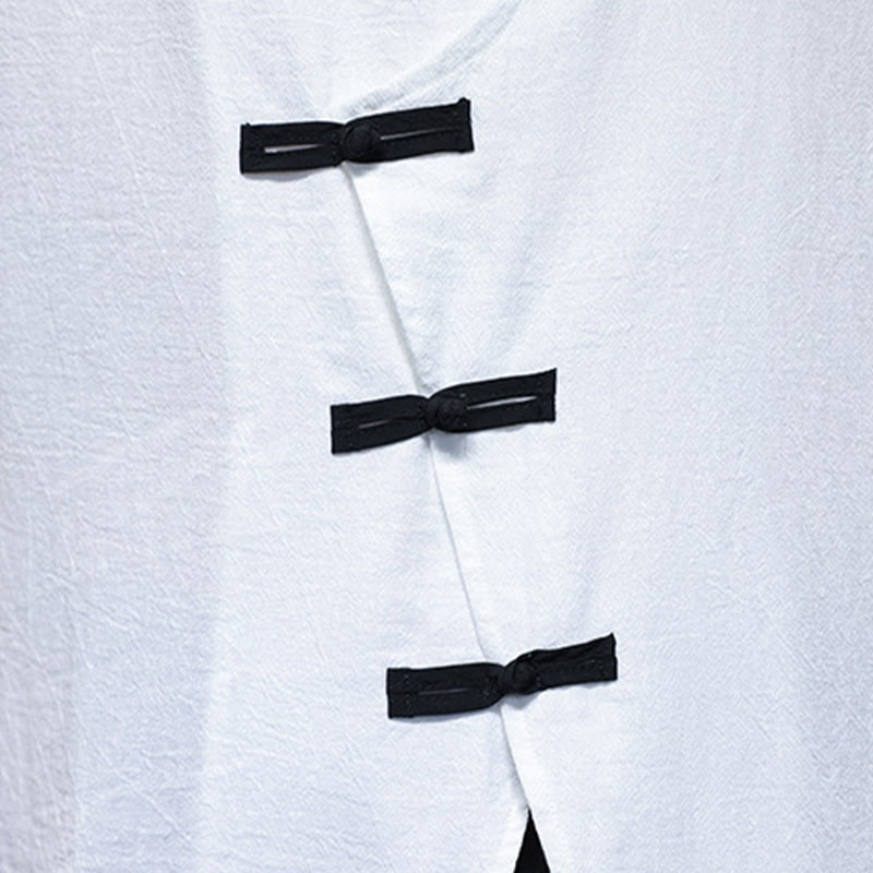 Plain Chinese Frog-Button Stand Collar Cotton Linen Men's Half Sleeve Shirt