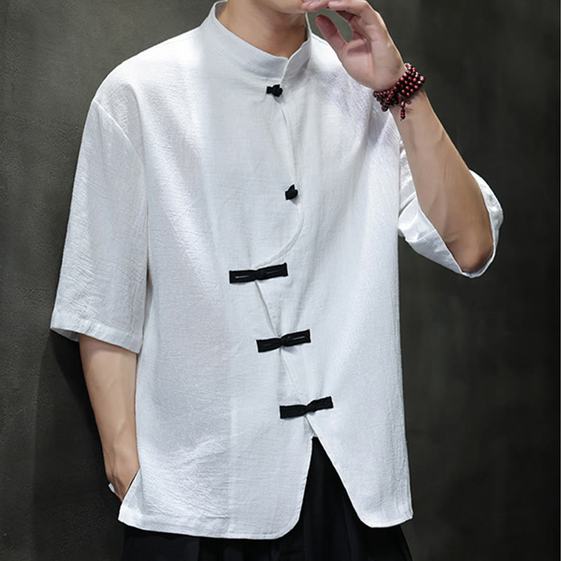 Plain Chinese Frog-Button Stand Collar Cotton Linen Men's Half Sleeve Shirt