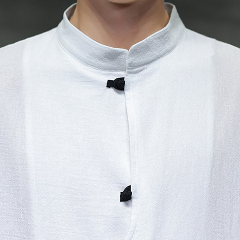 Plain Chinese Frog-Button Stand Collar Cotton Linen Men's Half Sleeve Shirt