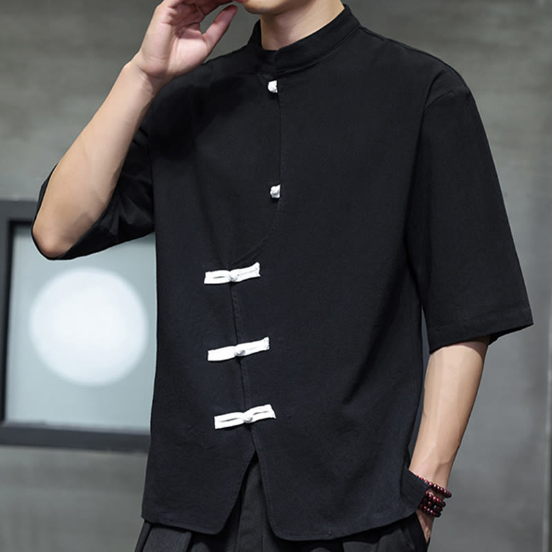 Plain Chinese Frog-Button Stand Collar Cotton Linen Men's Half Sleeve Shirt