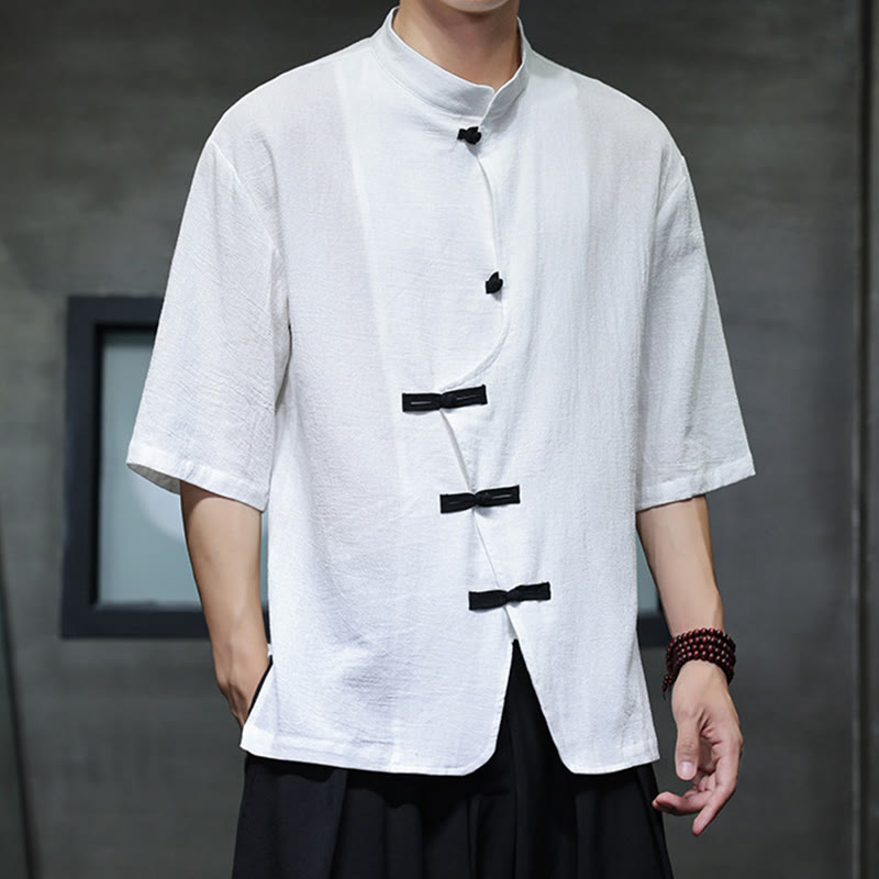 Plain Chinese Frog-Button Stand Collar Cotton Linen Men's Half Sleeve Shirt