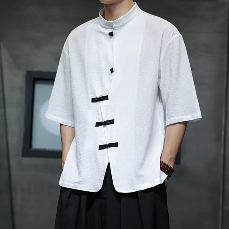 Plain Chinese Frog-Button Stand Collar Cotton Linen Men's Half Sleeve Shirt