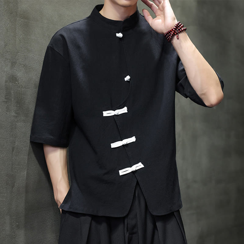 Plain Chinese Frog-Button Stand Collar Cotton Linen Men's Half Sleeve Shirt