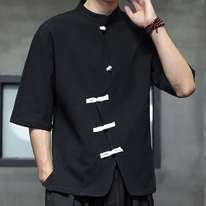 Plain Chinese Frog-Button Stand Collar Cotton Linen Men's Half Sleeve Shirt
