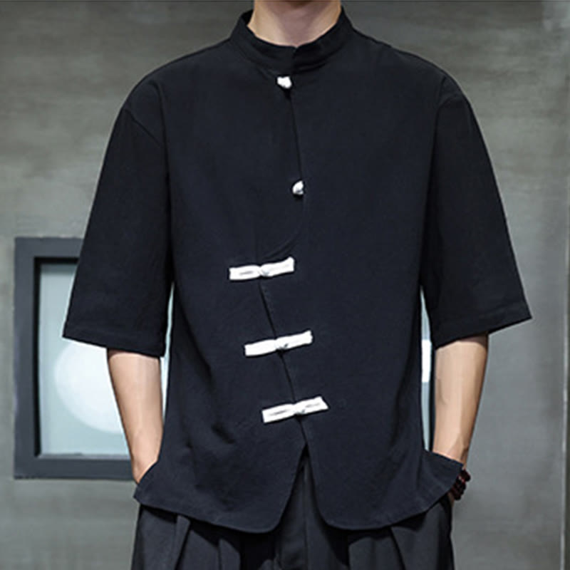 Plain Chinese Frog-Button Stand Collar Cotton Linen Men's Half Sleeve Shirt