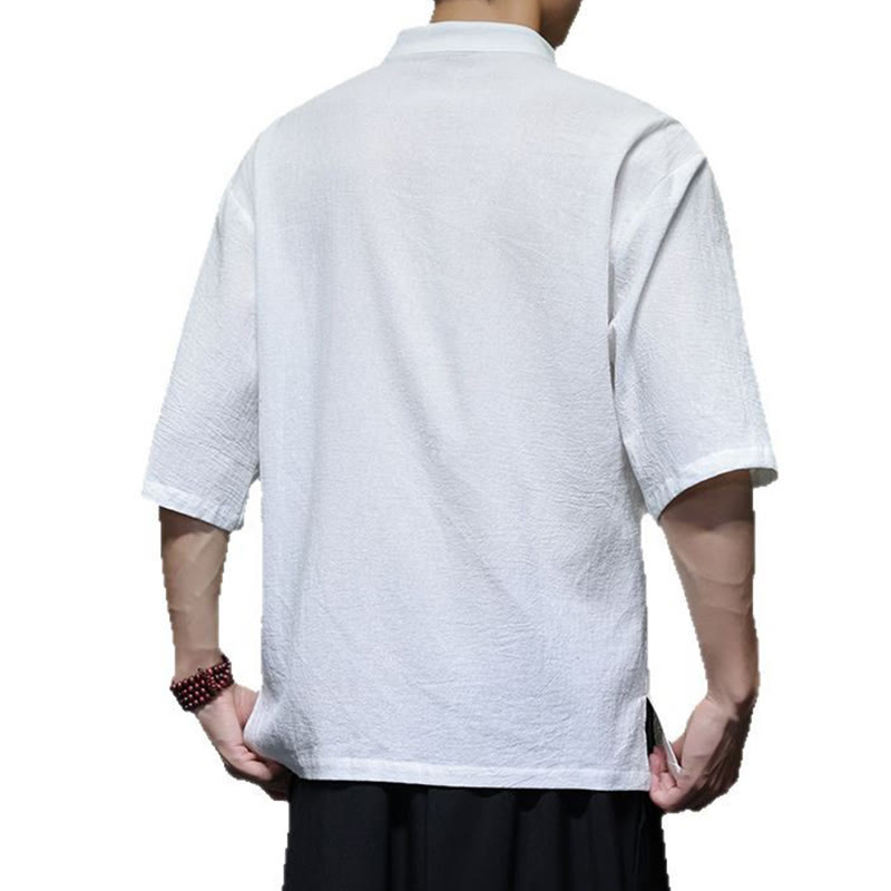 Plain Chinese Frog-Button Stand Collar Cotton Linen Men's Half Sleeve Shirt