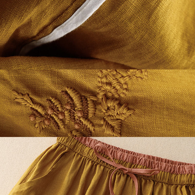 Vintage Solid Embroidery Drawstring Women's Skirt With Pockets