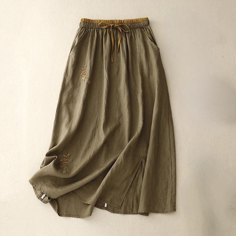 Vintage Solid Embroidery Drawstring Women's Skirt With Pockets