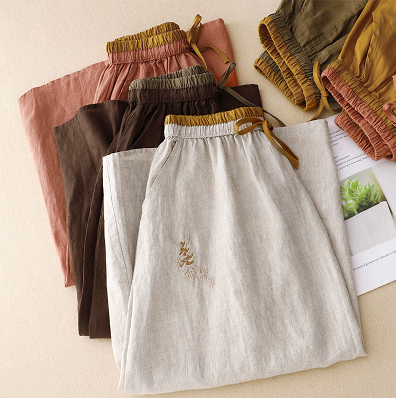 Vintage Solid Embroidery Drawstring Women's Skirt With Pockets