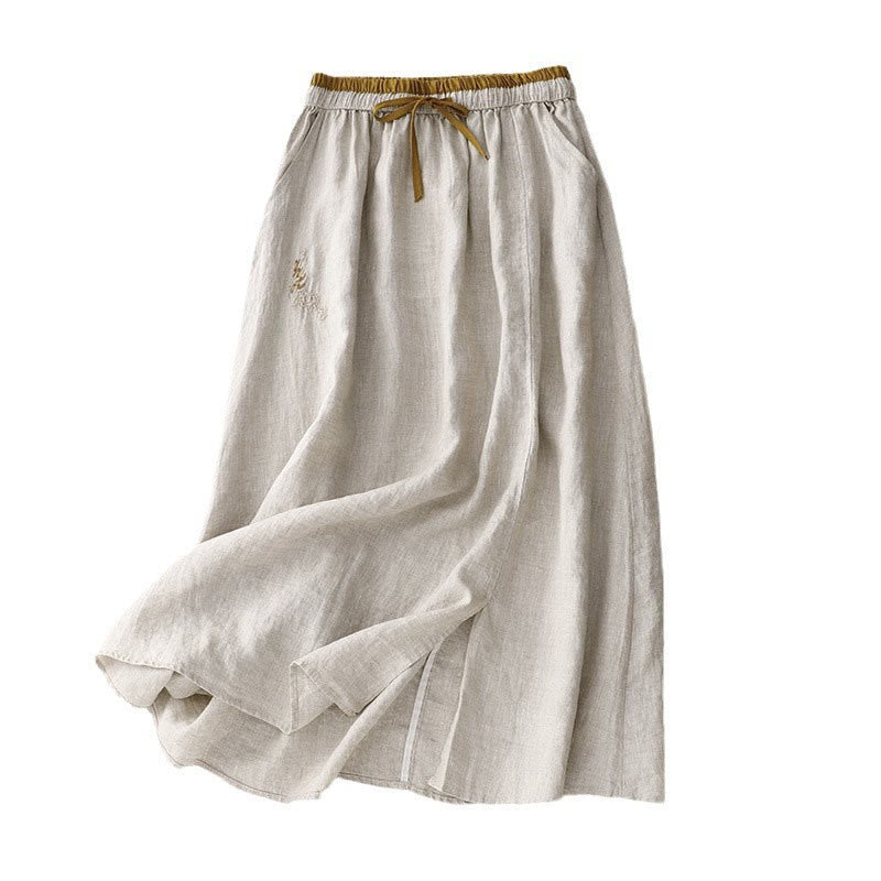Vintage Solid Embroidery Drawstring Women's Skirt With Pockets