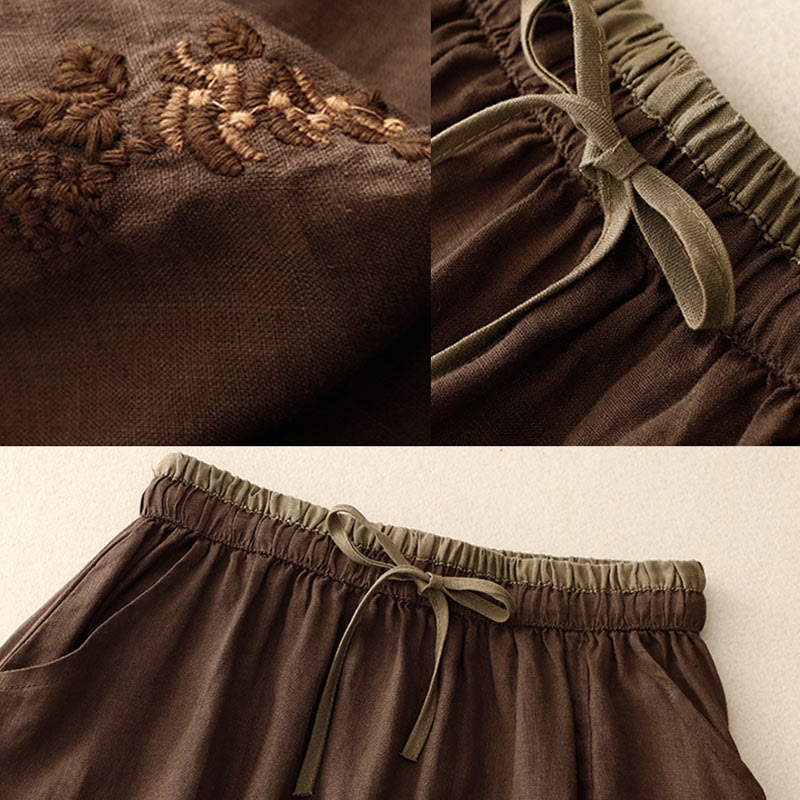 Vintage Solid Embroidery Drawstring Women's Skirt With Pockets