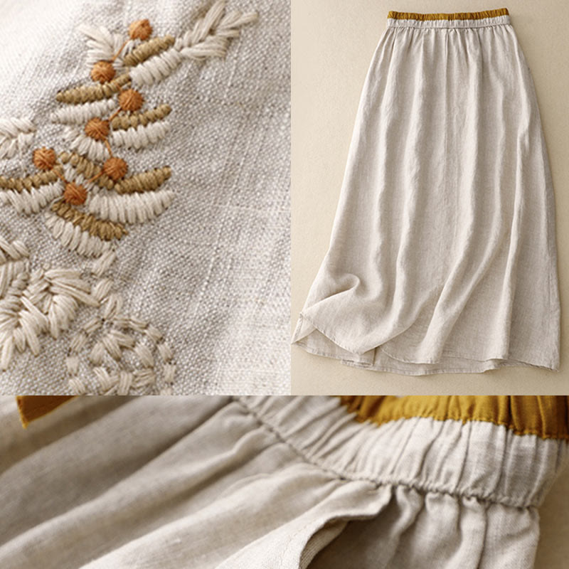 Vintage Solid Embroidery Drawstring Women's Skirt With Pockets