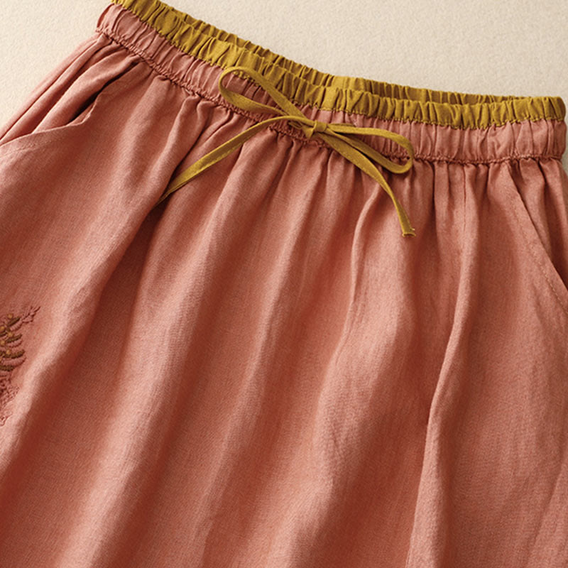Vintage Solid Embroidery Drawstring Women's Skirt With Pockets