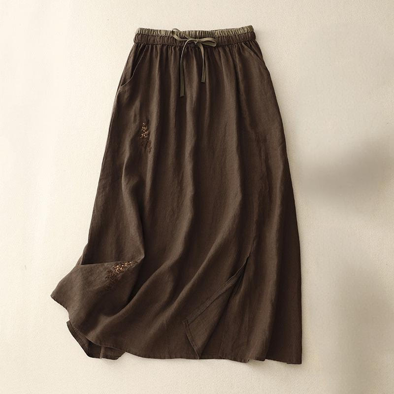 Vintage Solid Embroidery Drawstring Women's Skirt With Pockets