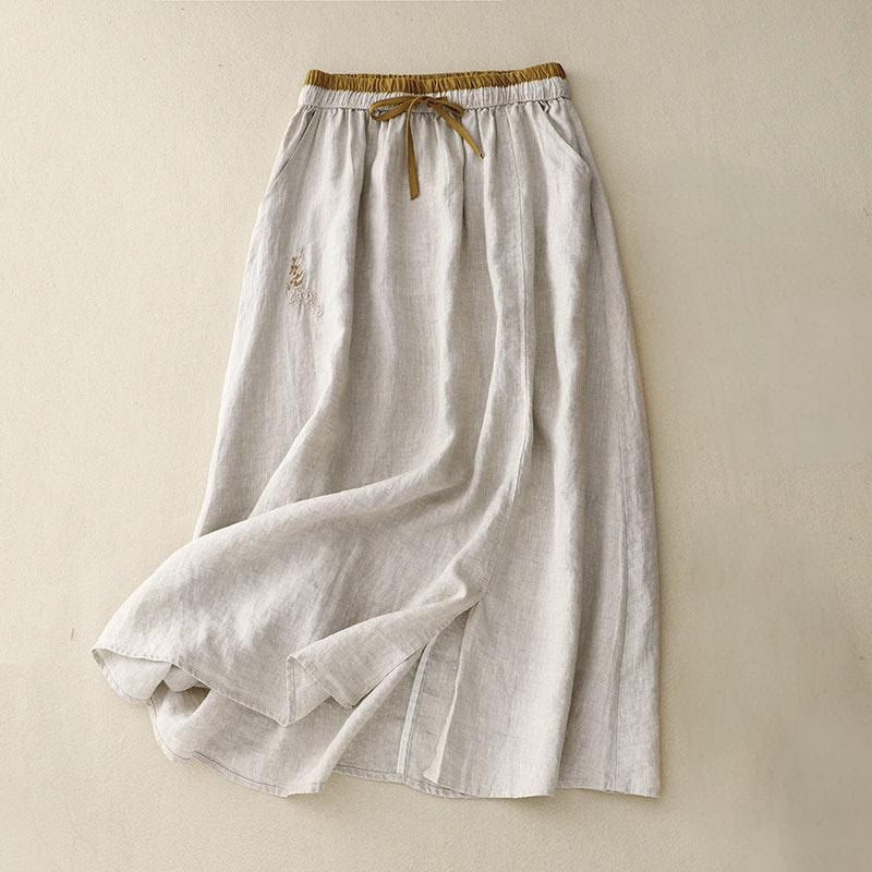 Vintage Solid Embroidery Drawstring Women's Skirt With Pockets