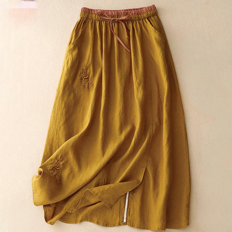 Vintage Solid Embroidery Drawstring Women's Skirt With Pockets
