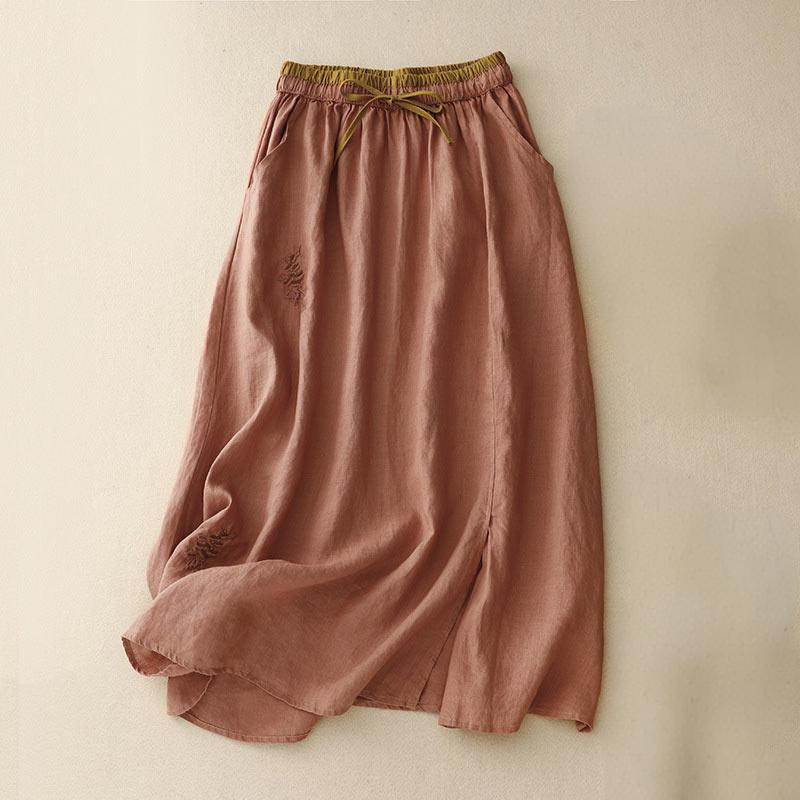 Vintage Solid Embroidery Drawstring Women's Skirt With Pockets