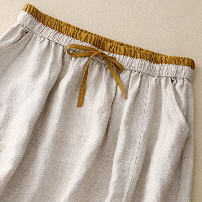 Vintage Solid Embroidery Drawstring Women's Skirt With Pockets