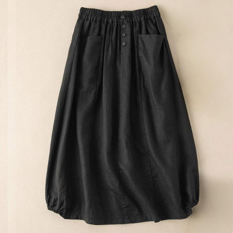 Summer Solid Button Elastic Waist 7-8 Length Women's Skirt With Pockets