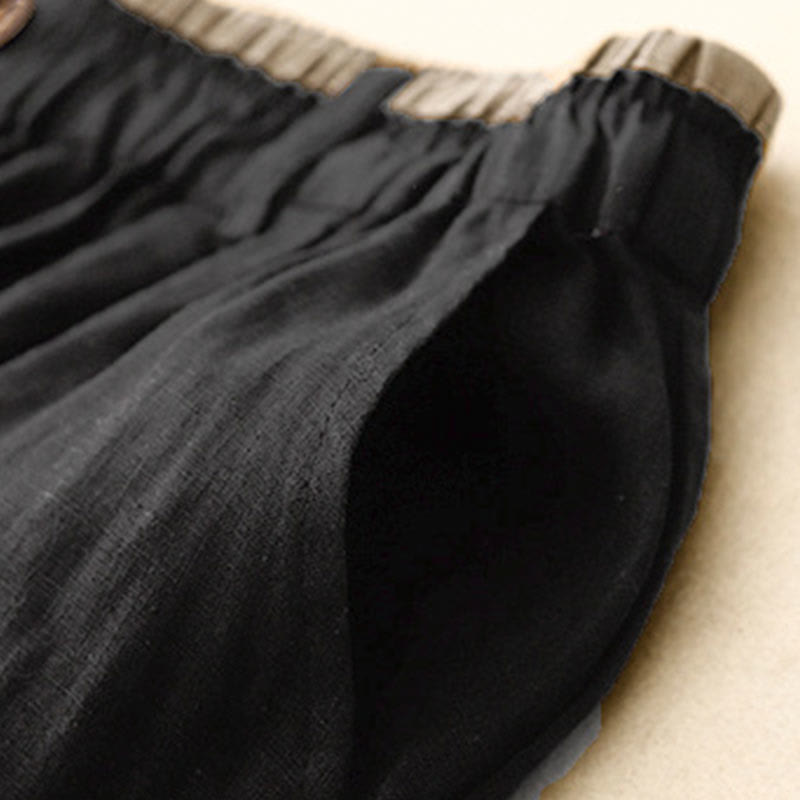 Vintage Casual Plain Side Slit Elastic Waist Cotton Linen Women's Skirt With Pockets