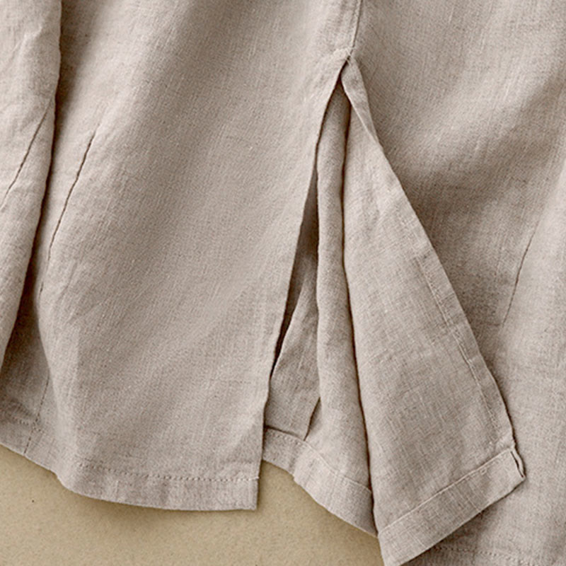 Vintage Casual Plain Side Slit Elastic Waist Cotton Linen Women's Skirt With Pockets