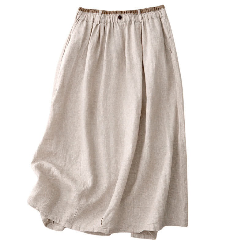 Vintage Casual Plain Side Slit Elastic Waist Cotton Linen Women's Skirt With Pockets