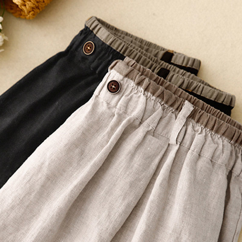 Vintage Casual Plain Side Slit Elastic Waist Cotton Linen Women's Skirt With Pockets
