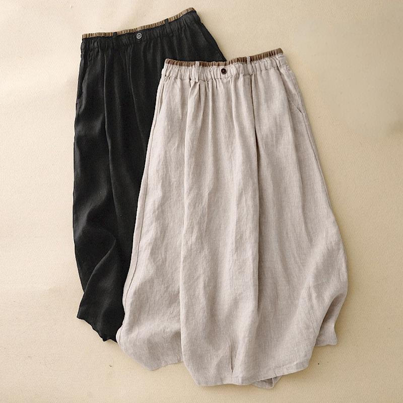 Vintage Casual Plain Side Slit Elastic Waist Cotton Linen Women's Skirt With Pockets